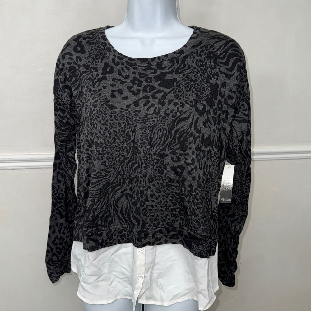 Kensie Womens‎ Animal Swirl Sweatshirt Heather Charcoal Layered Top Small NEW